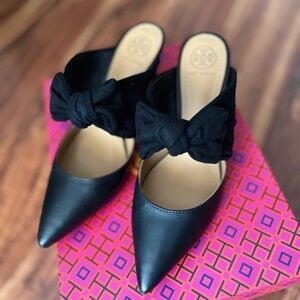 Tory Burch Black Pointed-Toe Mules with Bow